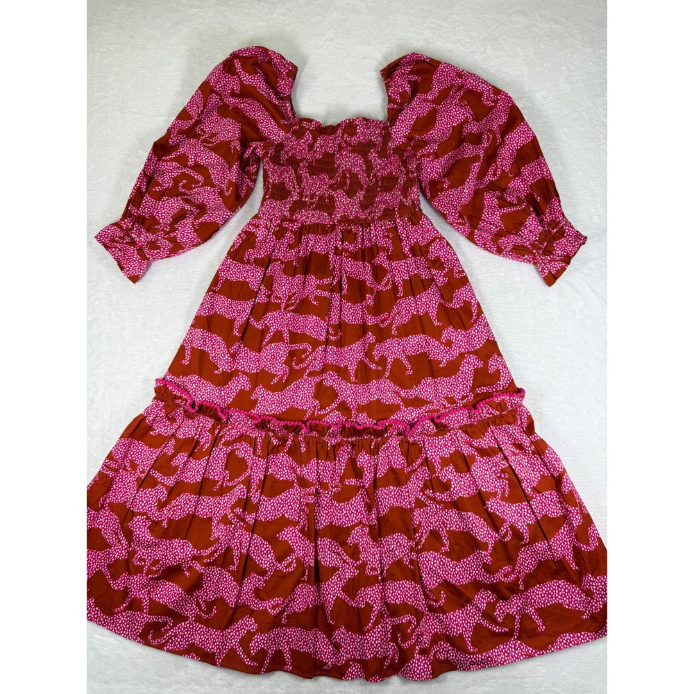 Crosby by Mollie Burch Pink Orange Leopard Smocked Tiered Midi Dress XS